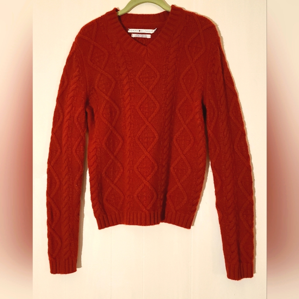 Tommy Hilfiger Lambswool Red Cable Knit Sweater L